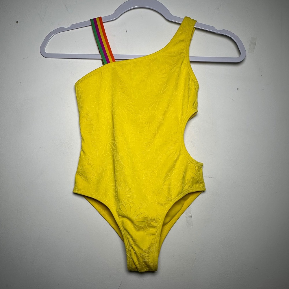 Wonder Nation Girls Yellow Daisy Floral One Shoulder Cutout Swimsuit Size M 8